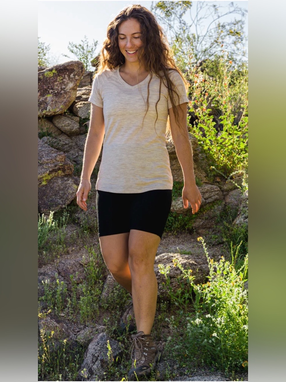 Woolx Mia Merino Wool Blend T-Shirt L Womens V-Neck Short Sleeve Cream Heather